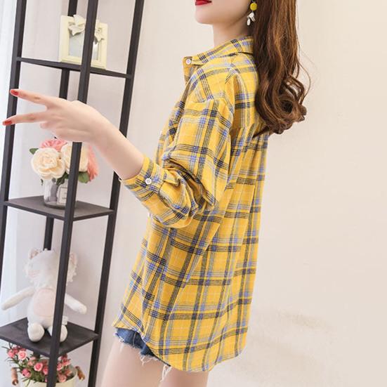 Отложной воротник, длинный рукав, однобортная рубашка с накладными карманами, свободная рубашка, классическая повседневная рубашка с клетчатым принтом, блузка, женская одежда