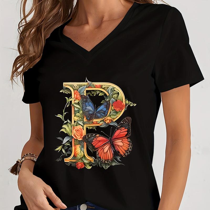 Women Tshirts AZ 26 Alphabet Flower Vintage Design Premium Tshirt Vintage Butterfly Flower 26 English Alphabet Summer Tshirt