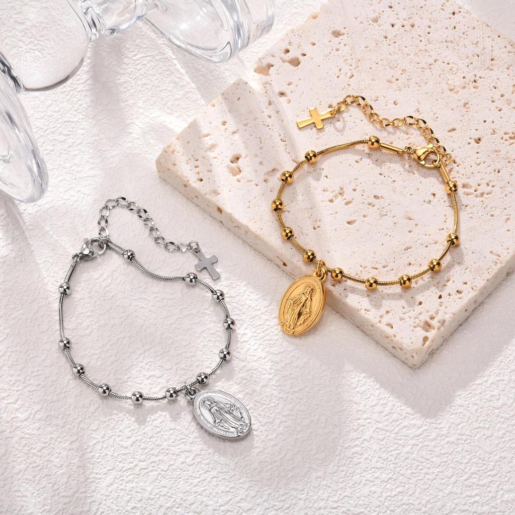 Rosary Bracelet Gold Plated Stainless Steel Religious Cross And Virgin Mary Prayer Bracelets Jewelrygifts For Women Girls