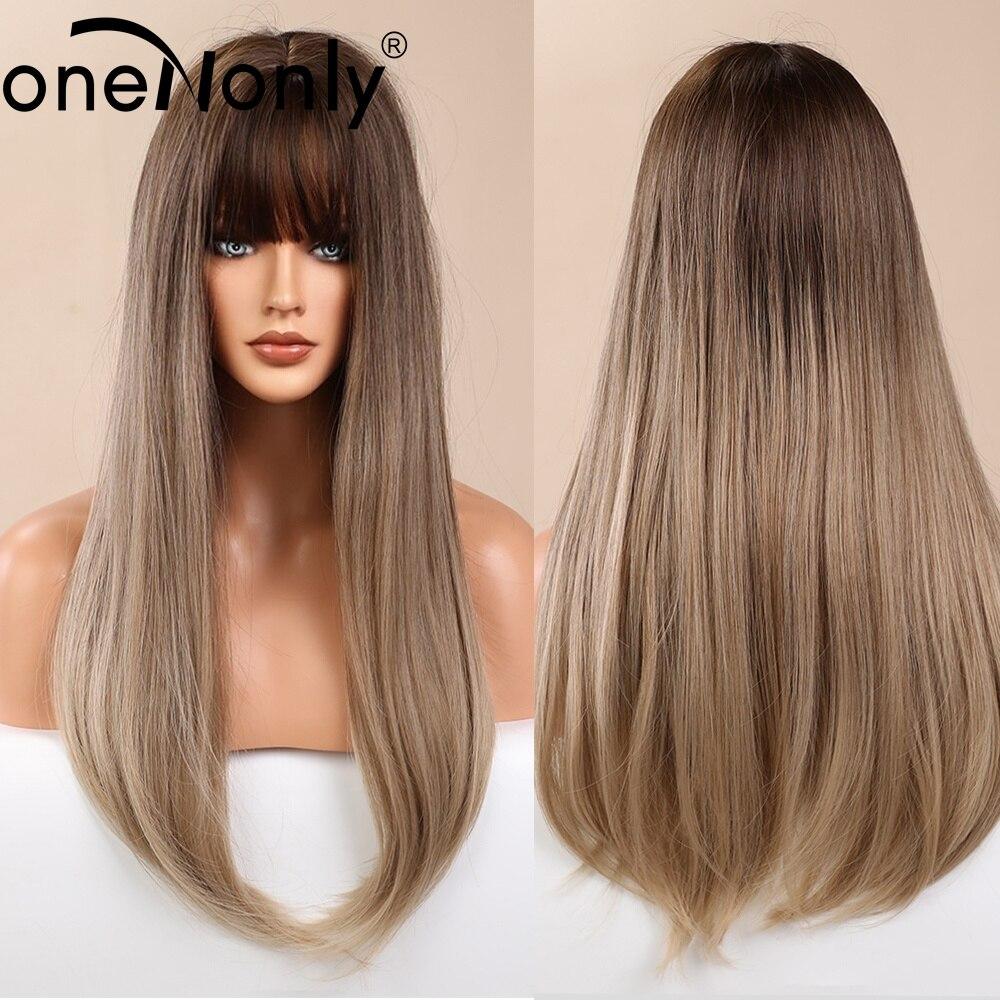 Long Straight Synthetic Wigs Brown Wig with Bangs for Women Natural Daily Cosplay Christmas Hair Heat Resista