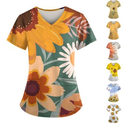 Женская мода, рабочая одежда с v-образным вырезом, короткими рукавами и карманами, топы с принтом, летние топы для женщин