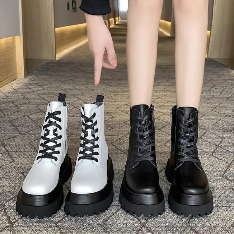 Модные ботильоны женские зимние однотонные botas mujer дышащие увеличенные мотоциклетные ботинки на платформе модные черные sapatos feminino