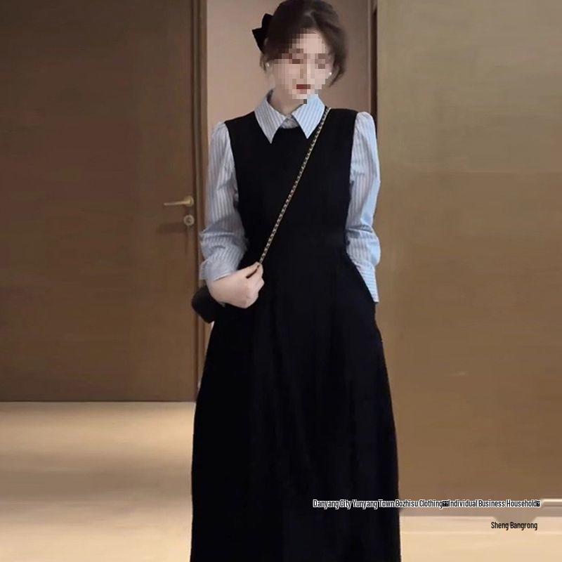 Autumn French Hepburn Style Women's Navy & Black Long Cotton Shirt Dress Set