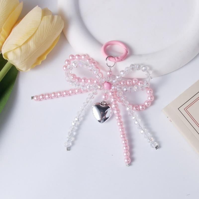 Y2K Bowknot Pearls Bag Pendant Charm Heart Keychain Elegant Beaded Keyring Sweet Bow Phone Key Chain