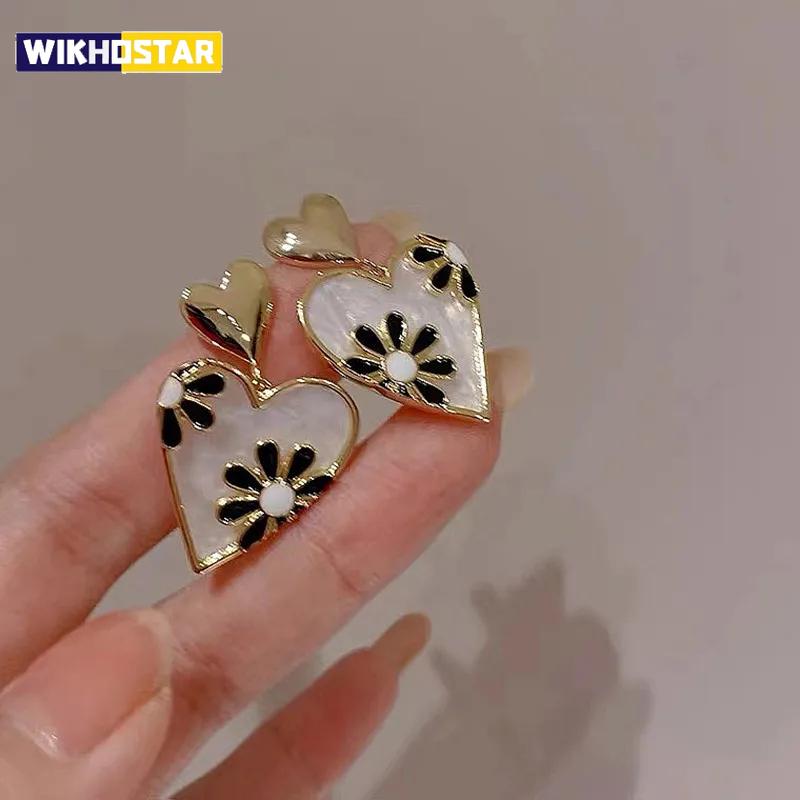 Модные ретро женские серьги в форме сердца с цветочным узором, эмалевые серьги с узором ромашки, праздничные украшения, подарки для женщин