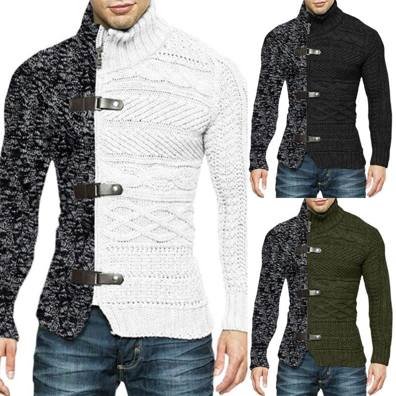 Men's Plus Size Color Block High Neck Cardigan with Leather Buckle - Long Sleeve Knit Sweater, Autumn/Winter Collection