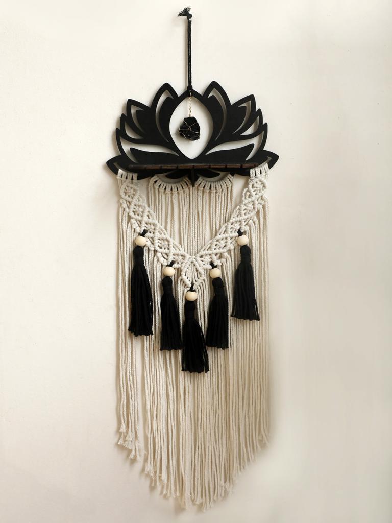 Handwoven Tapestry Art Lotus Macrame Wall Hanging Woven Crystal Shelf Black Wooden Wall Shelves Boho Floating Wall Shelf Gifts