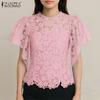 ZANZEA Women Casual Round Neck Ruffles Sleeve Summer Lace Blouse