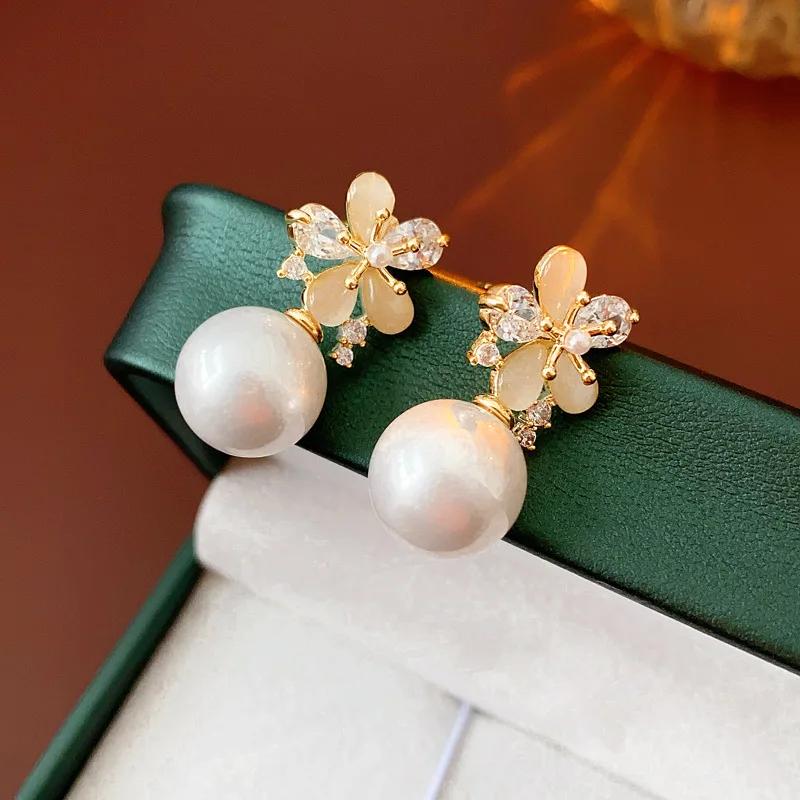 18k Gold Electroplated Flower Pearl Earrings for Women High-end Fashion Drop Earring Literary Retro Versatile Zircon Gifts