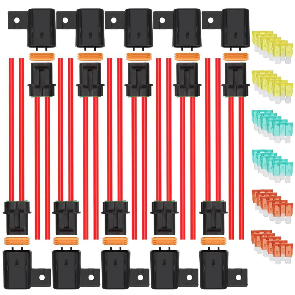 6 Pack 12V Inline Waterproof Fuse Holder, 4mm² Pre-Wired Kit, with 20 Amp 30 Amp 40 Amp ATC/ATO Blade Fuses, Heavy Duty Inline Fuse Holder for