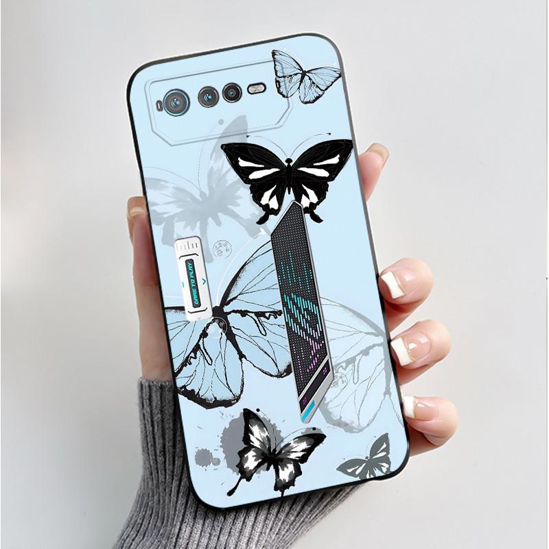 For Asus ROG 6 Case For ROG Phone 6 Pro / 6D Fashion Butterfly Flowers Bumper Soft Black Silicone Cover For Asus ROG6 ROG6D Case