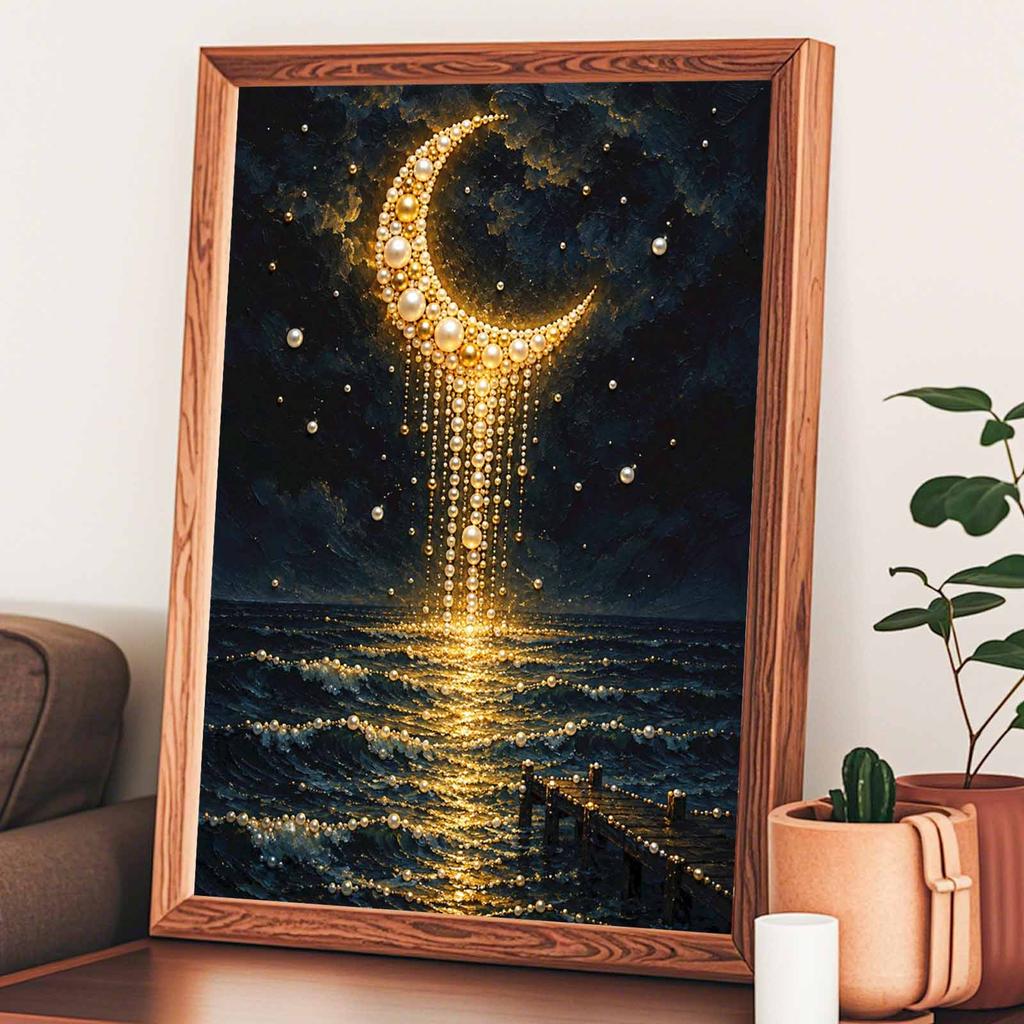 Unique 5D Framed Pearl Painting Kit with Golden Crescent Moon Night Sea Pattern Sparkling Bead Art Canvas DIY Handmade Craft for Living Room Decor