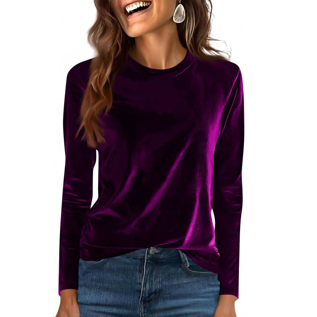 Women's Fashion Golden Velvet Solid Colour Round Neck Long Sleeve T-Shirt Top