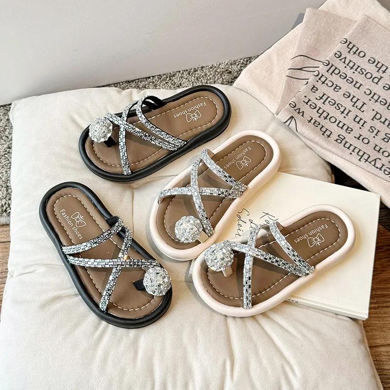 Детские тапочки с оттягивающимся носком для девочек, летняя пляжная обувь для принцессы на отдыхе, детские сандалии с кристаллами, элегантная мода