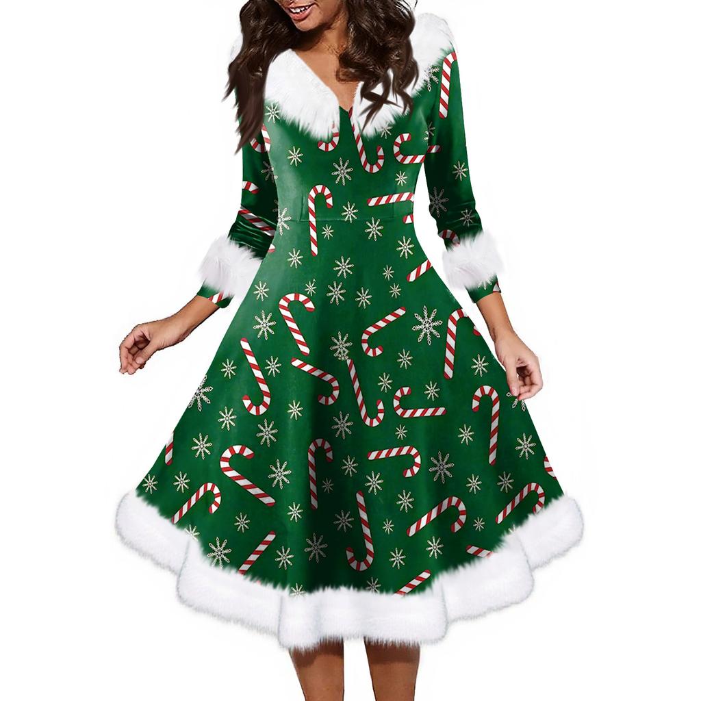 Женское модное повседневное платье с v-образным вырезом и рождественским принтом для вечеринки с длинными рукавами
