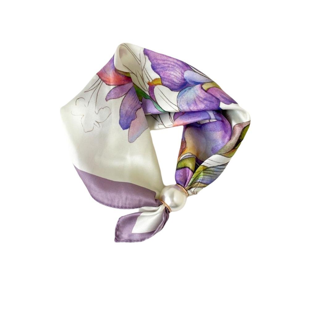 Lightweight Silk Scarf Breathable Printed Neck Scarf Accessory Pearl Buckle Scarf Female