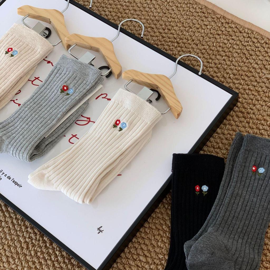 2025 Autumn Floral Embroidery Women's Mid-Calf Socks - Japanese Style, Solid Color