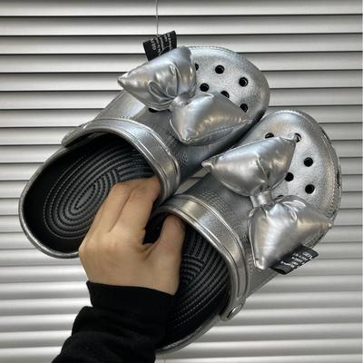 Серебристые туфли с дырочками, тапочки с бантом, женская уличная обувь, летние новые сандалии, женская пляжная обувь, женские туфли с закрытым носком