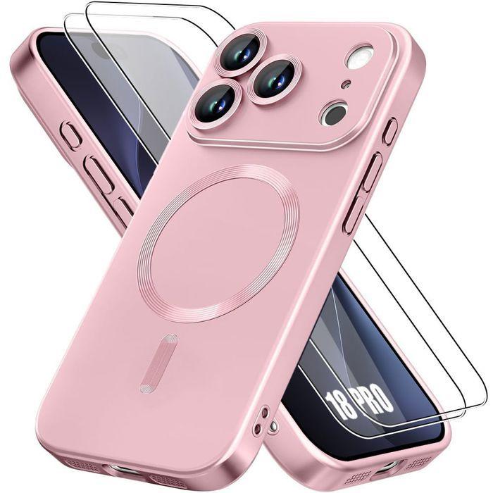 Coque + 2 Verres Trempés pour iPhone 18 Pro, Silicone Anti-Rayures avec Cercle Magnétique - Rose