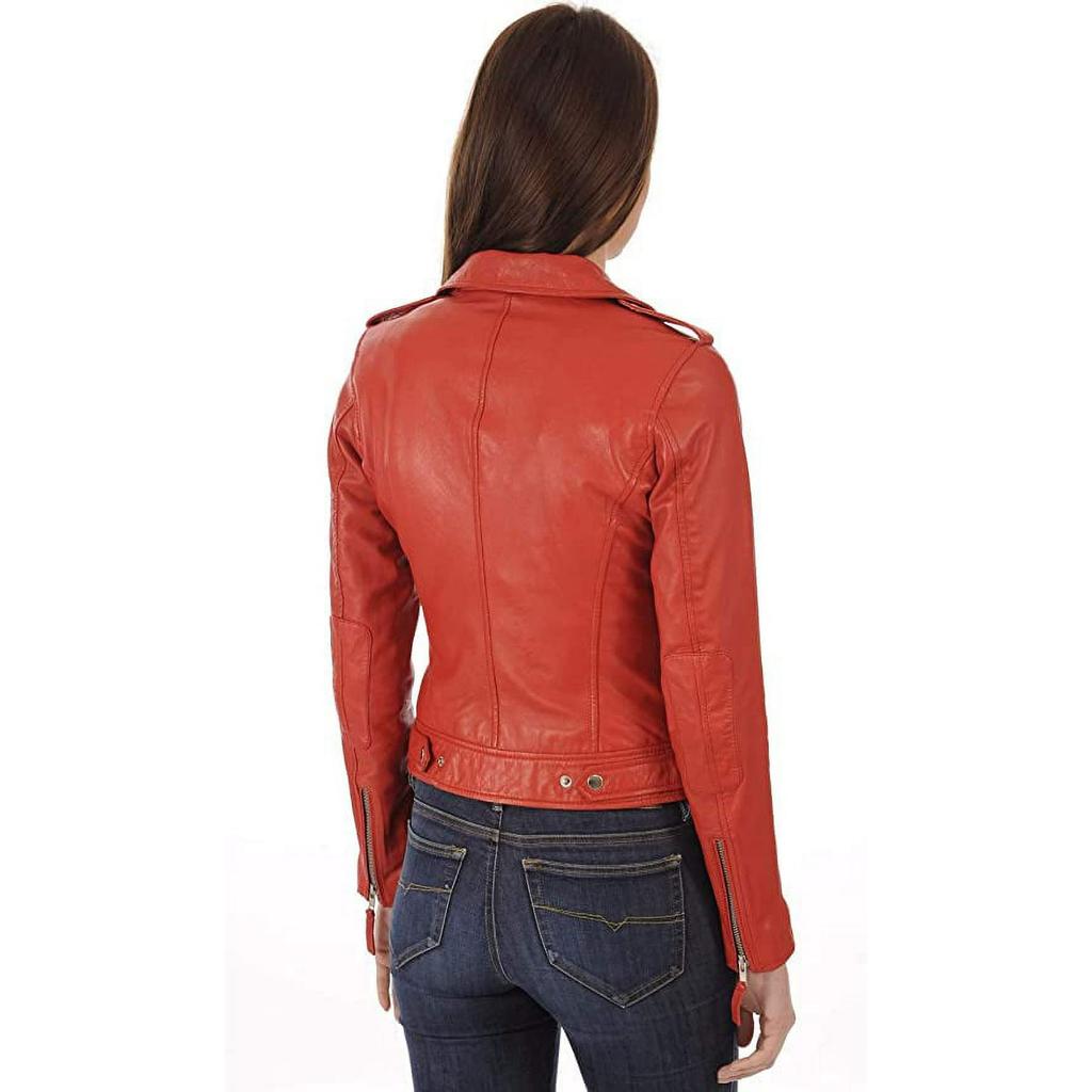 Women's Genuine Red Leather Jacket Lambskin Real Biker Motorcycle Slim Fit Coat