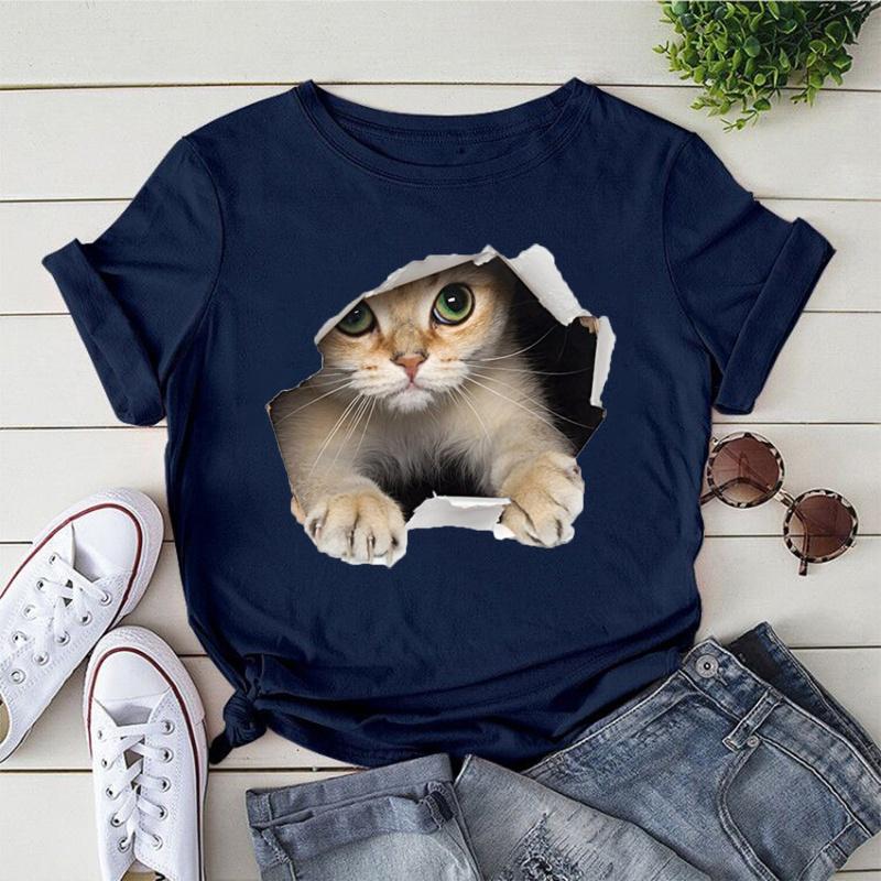 Cute Cat Print T-shirts For Women Summer Lovely Short Sleeve Casual Round Neck T-shirts Ladies Creative Personalized Tops