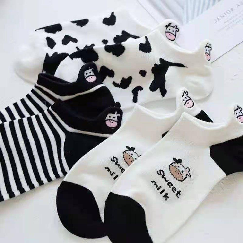 Black White Cute Cartoon Super Thin Women's Socks Boat Socks Striped Cow Socks Ankle Short Socks