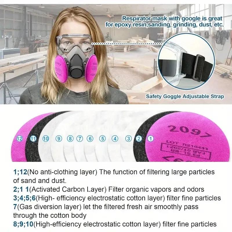 Reusable 6200 Respirator Gas Mask Half Face with 2097 Filter Goggles Sets for Epoxy Dust Paint Organic Vapor Welding Grinding