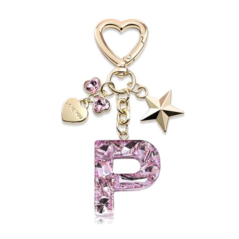 Bling Keychain with Initial Letter Butterfly Star Pink Purple - Cute Gift for Women And Girls Bag Cup Charms Fashion Accessory