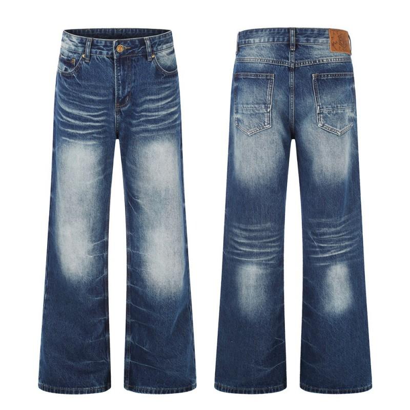 Mens Loose Fit Denim Pants Vintage Wash Straight Leg Jeans Streetwear Style