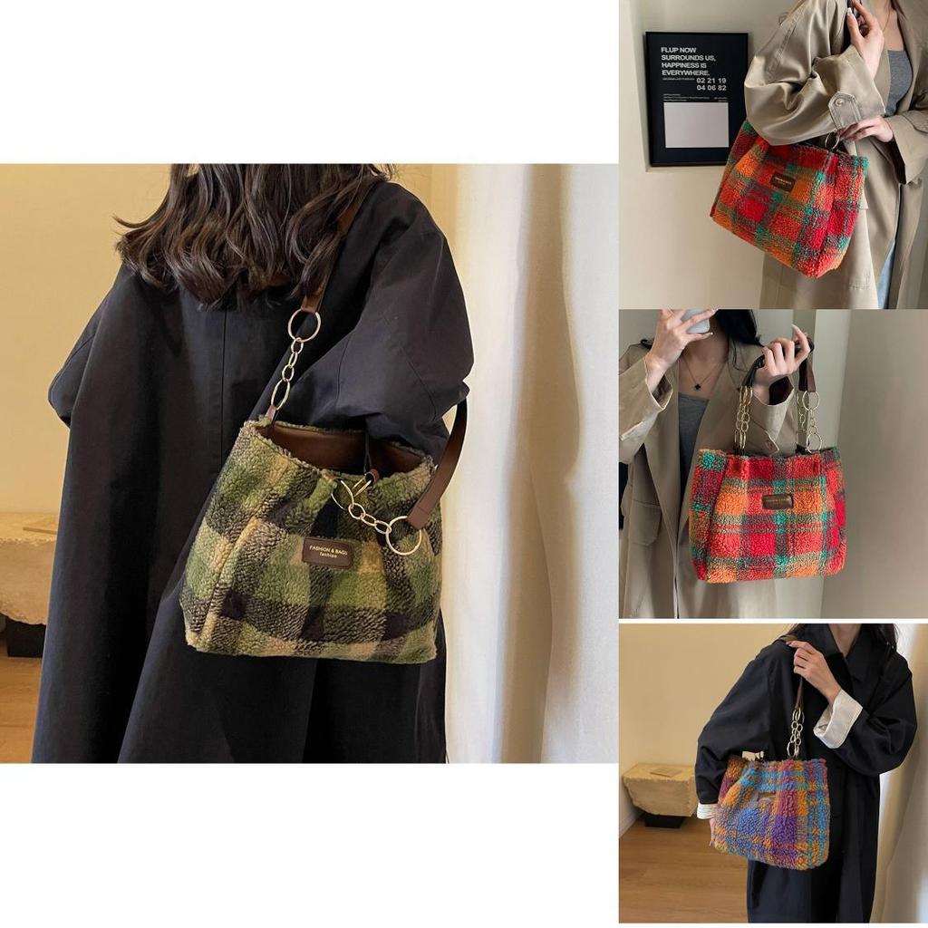 Stylish Red Purple Green Plaid Women's Canvas Shoulder Bag Perfect For Fall And Winter Outings