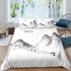Japanese-Style Bedding Mountain Peak for Women Men Ink Painting Duvet Cover Hand Painted for Bedroom Room Decoration Grey White