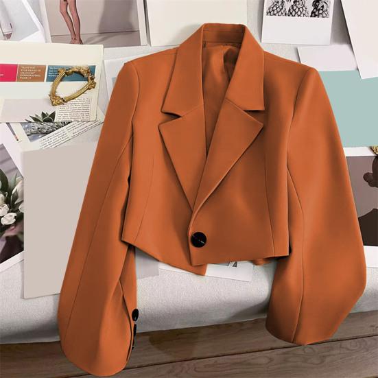 Women Short Suit Coat Lapel Long Sleeve Single Button Suit Jacket Solid Color Loose Fit Casual Business Style Suit Coat