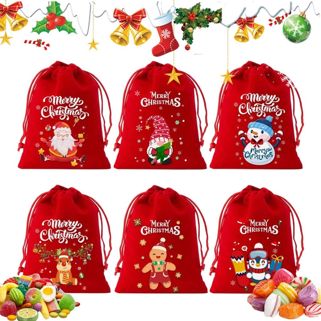 Подарочные мешочки на шнурке с принтом снеговика, просторный мешочек, 6 штук, рождественские красные мешочки на шнурке для взрослых, для праздничных домашних вечеринок