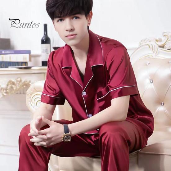 Комплект из 2 предметов: мужская пижама, лацкан, короткий рукав, пуговицы, планка, рубашка, эластичный пояс, широкие длинные брюки, свободный крой, одежда для сна
