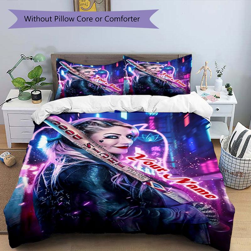 3PC Custom Name "Harley Quinn's Neon Night" Bedding Set Printed Bedding Set Duvet Cover Closure Includes 1 Duvet Cover & 2 Pillowcases for All Seasons