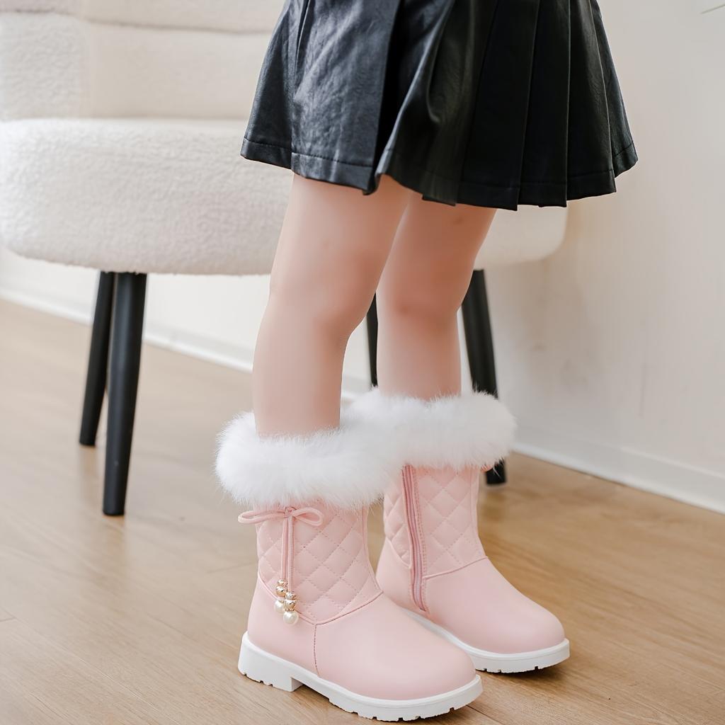 Girls' Winter Boots 2024, Warm Cute Pearl Bowknot, Quilted Pattern, Cartoon Solid Color