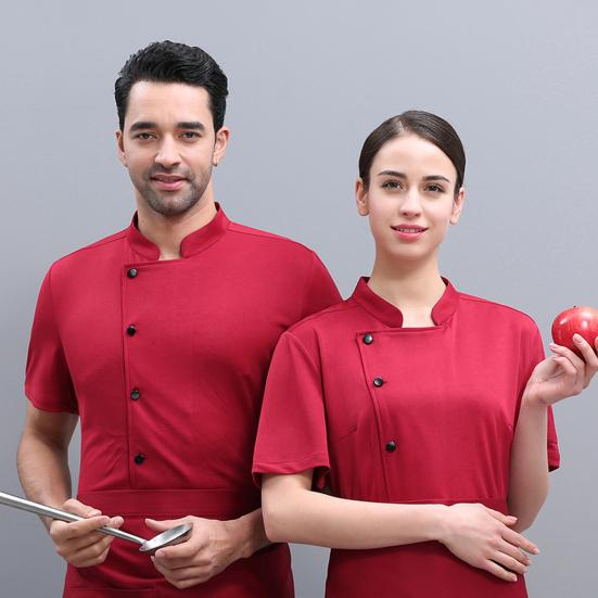 Unisex Chef Shirt Kitchen Single-breasted Short Sleeve Stand Collar Stain-resistant Loose Kitchen Bakery Restaurant Canteen Waiter Top Cook Uniform