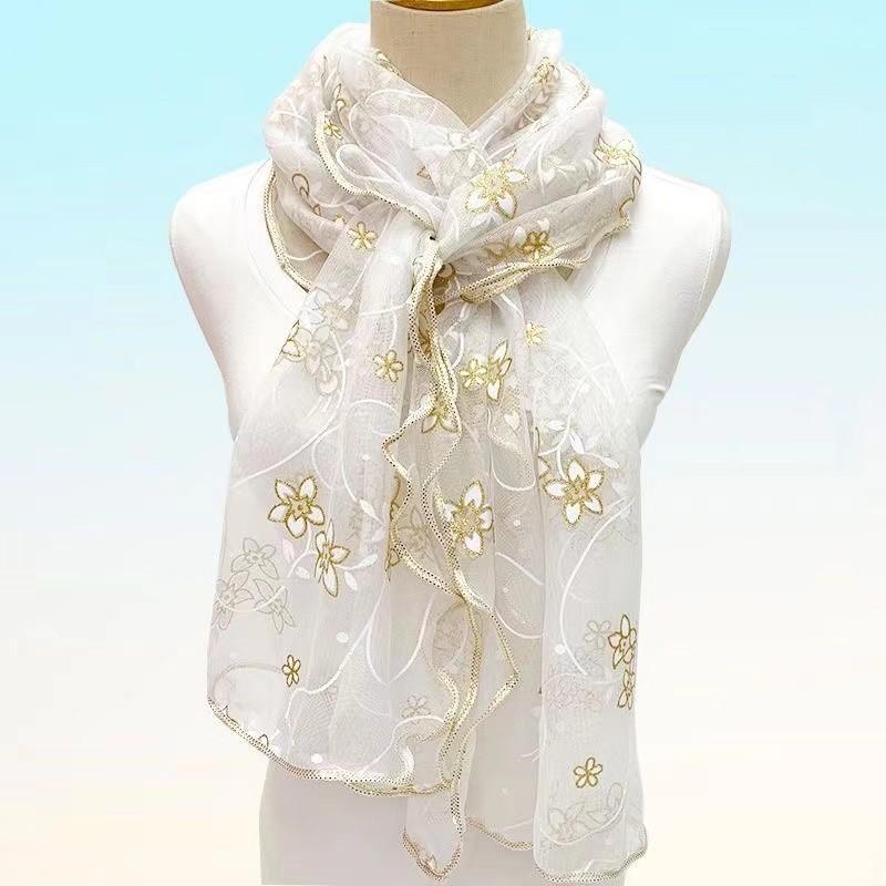 Ruffles Flower Embroidery Scarf Elegant Solid Color Breathable Shawl Women Head Wrap Outdoor Windproof Hijab Turban Travel Beach Towel