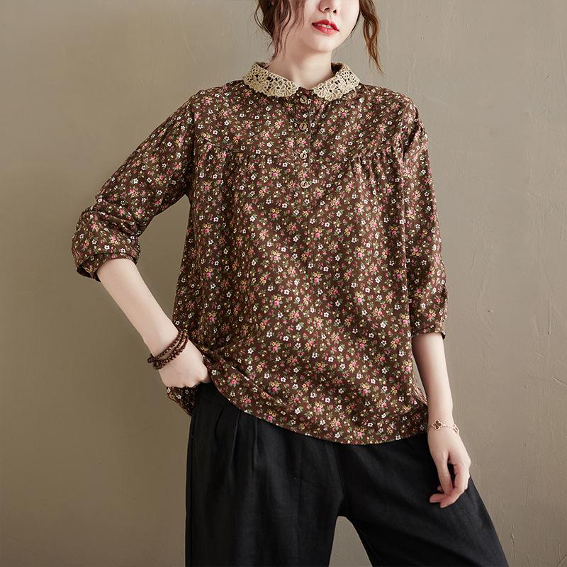 Осенняя свободная рубашка из хлопка и льна с цветочным принтом в стиле ретро с длинными рукавами для женщин Блузки и рубашки