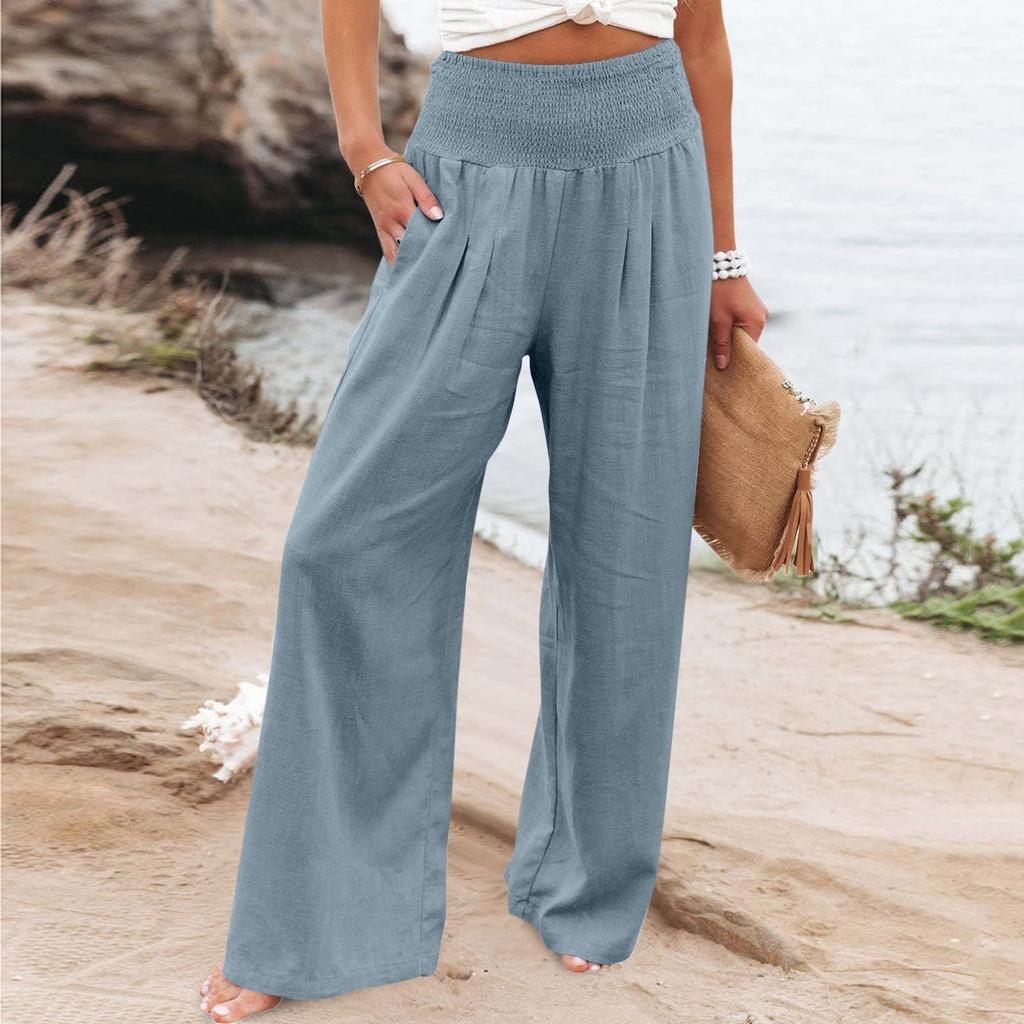 High Waisted Pants For Women Stretchy Wide Leg Palazzo Pants Casual Comfy Beach Pants Trousers