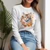 Tops For Women Flower Cat Print Round Neck Long Sleeve T-shirt Fall Casual Slim Pullover Women's Long Sleeve Top