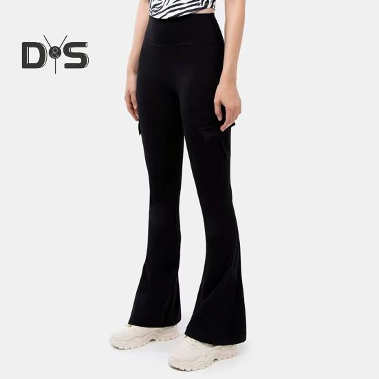 Women Flared Pants Elastic High Waist Wide Leg Casual Trousers with Flap Pockets Solid Color Cargo Pants Daily Wear