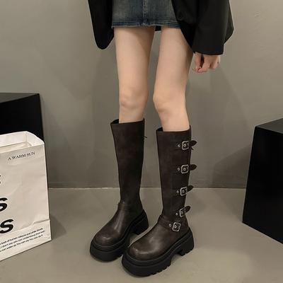 Осенние и зимние универсальные ботинки с круглым носком, ковбойские рыцарские сапоги в стиле ретро, увеличивающие рост сапоги Spice Girl для женщин