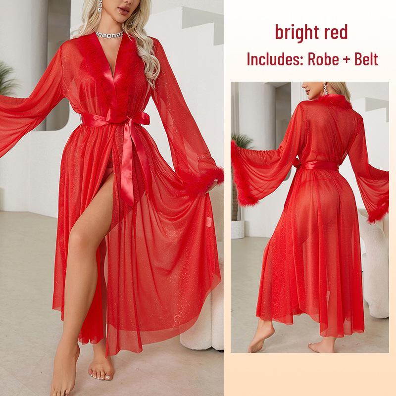 Женский пижамный набор Fiyun из серебристого шелка и халат - Легкая роскошь, Длинный рукав, Пушистый, Охлаждающий на ощупь, Домашняя одежда