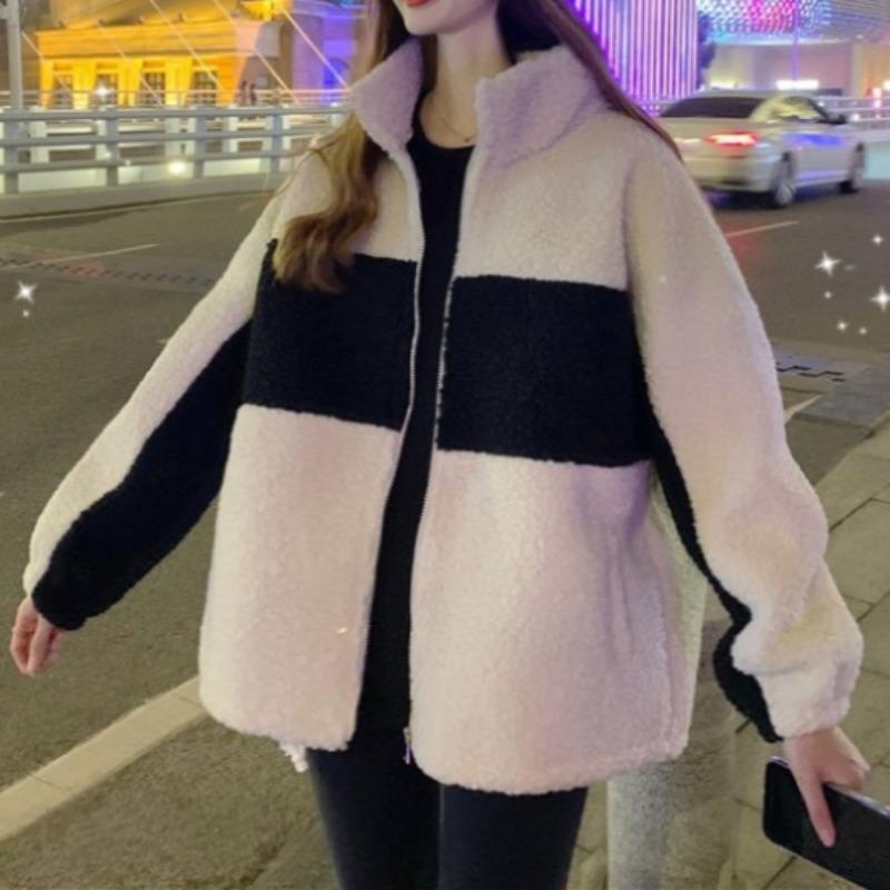Куртка из искусственной овечьей шерсти, женская, осень-зима, модная, универсальная, свободная, короткая, с воротником-стойкой, повседневная, свободного кроя, топ