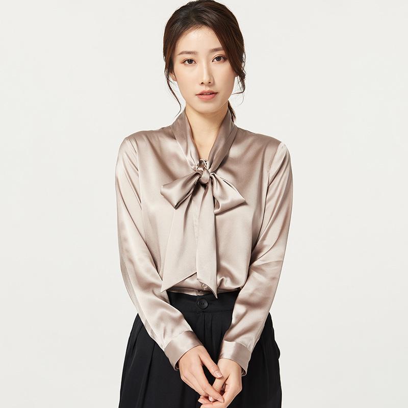 Women's Early Spring Mulberry Silk Satin Blouse with Bow - Long Sleeve