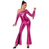 Womens Metallic Shiny Disco Flare Jumpsuit Sequin Tassels One Shoulder Long Sleeve Bell Bottoms Bodysuit