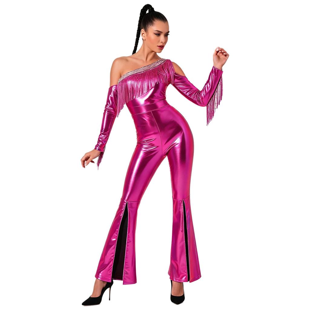 Womens Metallic Shiny Disco Flare Jumpsuit Sequin Tassels One Shoulder Long Sleeve Bell Bottoms Bodysuit