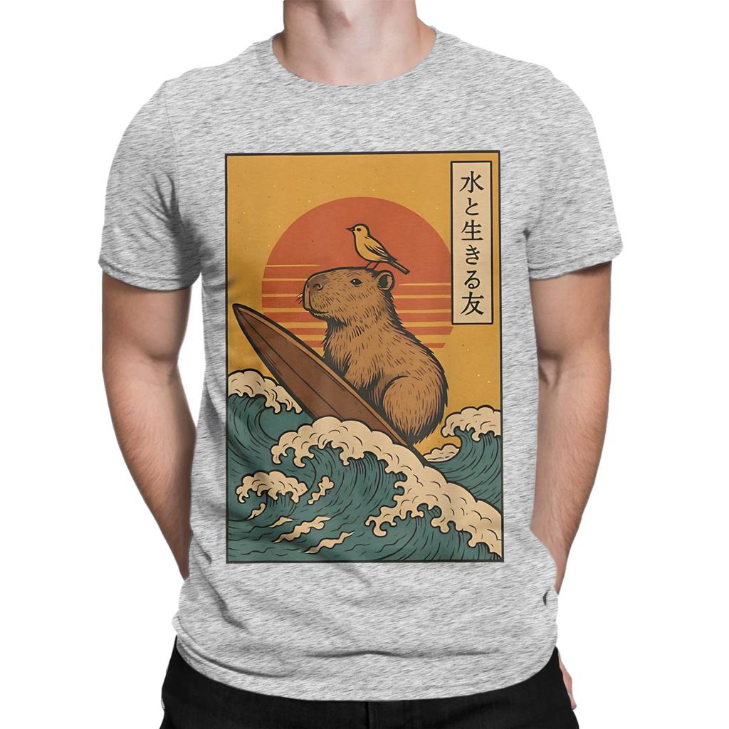 Capybara Surfing Japanese Graphic 100 Cotton TShirt capybara Tees Tops For Unisex
