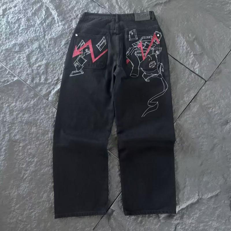 Mens Streetwear Loose Fit Denim Pants With Plum Blossom Embroidery Casual Straight Leg Jeans